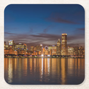 Chicago Skyline At Night Square Paper Coaster