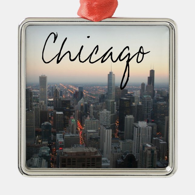 Chicago Skyline at Sunset Metal Ornament (Front)