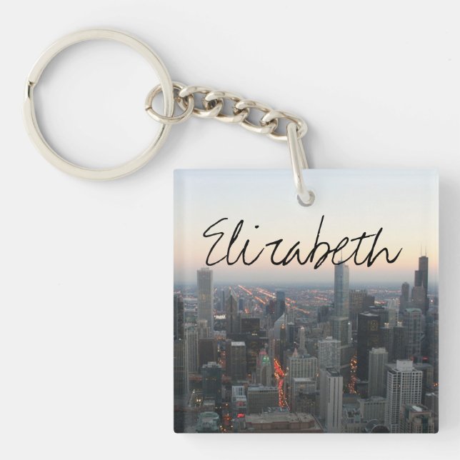 Chicago Skyline at Sunset with a Name Keychain (Front)