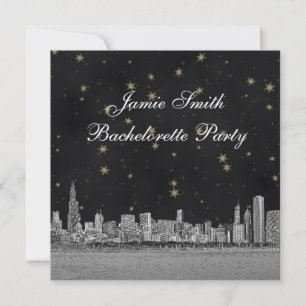 Chicago Skyline Black Gold Star Bachelorette Invitation