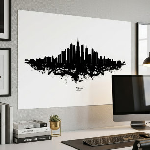 Chicago Skyline Black White Watercolor City Art Poster