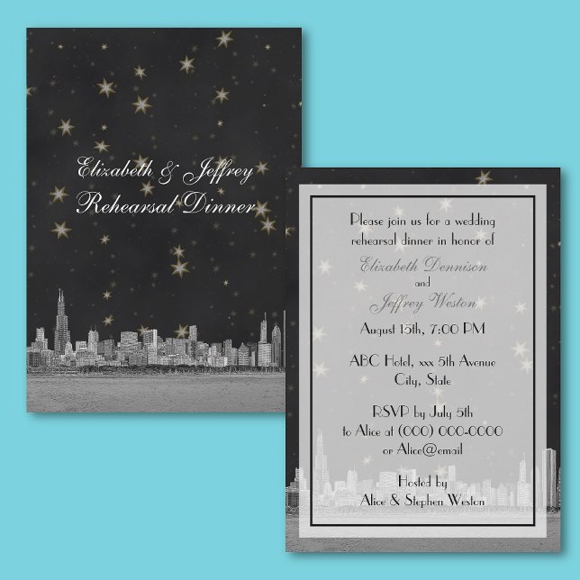 Chicago Skyline Blk Gold Star V Rehearsal Invitation (Creator Uploaded)