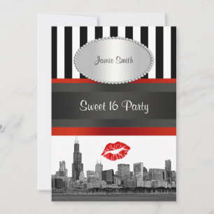 Chicago Skyline BW Blk Wht Strp Red Kiss Sweet 16 Invitation