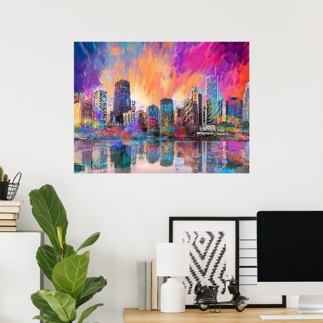 Chicago Skyline Colourful Abstract Art Poster (Home Office)