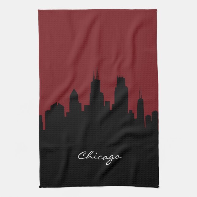 Chicago Skyline | Dark Red Kitchen Towel (Vertical)