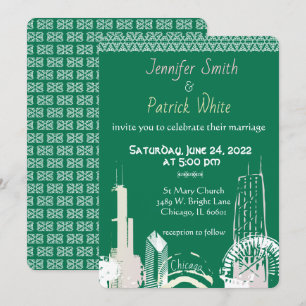 Chicago Skyline emerald  lace elegant Invitation