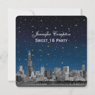 Chicago Skyline Etch Blue Starry SQ Sweet 16 Invitation