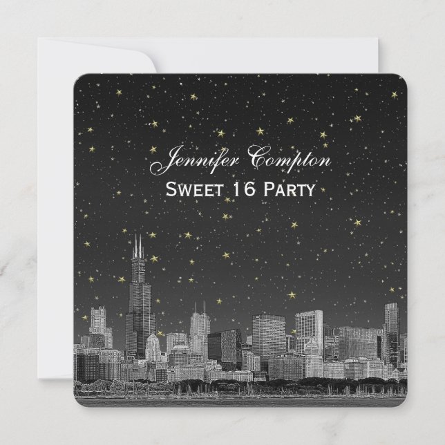 Chicago Skyline Etch Grey Starry SQ Sweet 16 Invitation (Front)