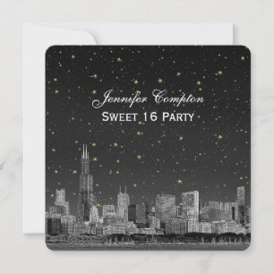 Chicago Skyline Etch Grey Starry SQ Sweet 16 Invitation