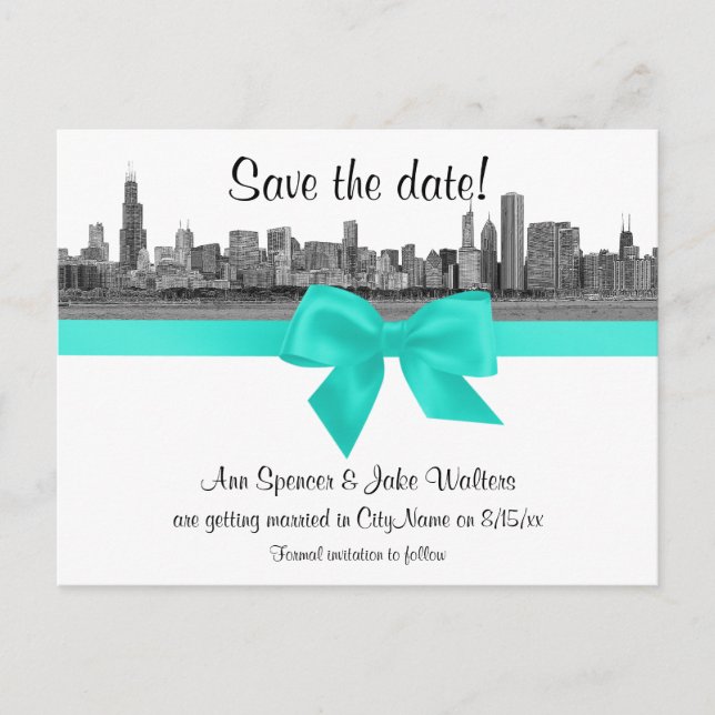 Chicago Skyline Etched BW Aqua Save the Date Announcement Postcard (Front)