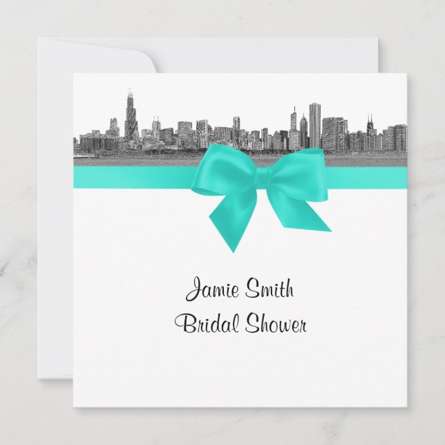 Chicago Skyline Etched BW Aqua SQ Bridal Shower S Invitation (Front)