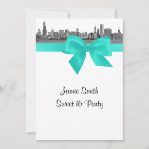Chicago Skyline Etched BW Aqua Sweet Sixteen Invitation