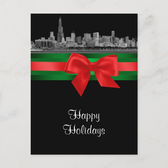 Chicago Skyline Etched BW Christmas Holiday 2 Postcard (Front)