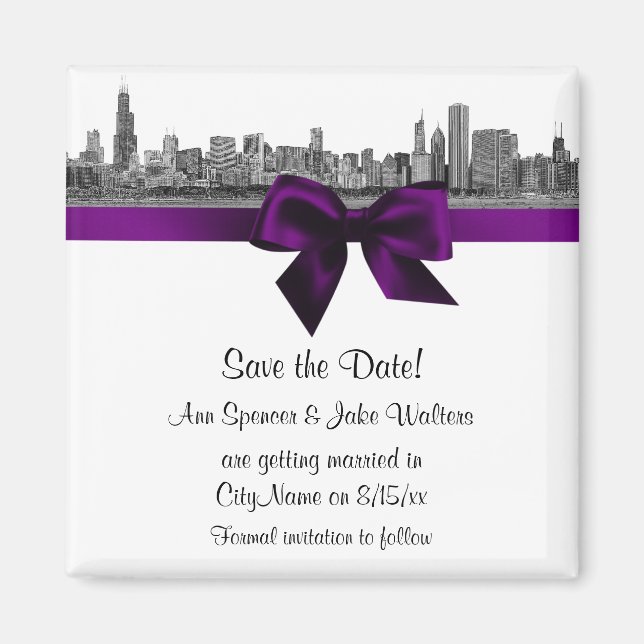 Chicago Skyline Etched BW Purple Save the Date Magnet (Front)