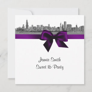 Chicago Skyline Etched BW Purple Sweet Sixteen SQ Invitation