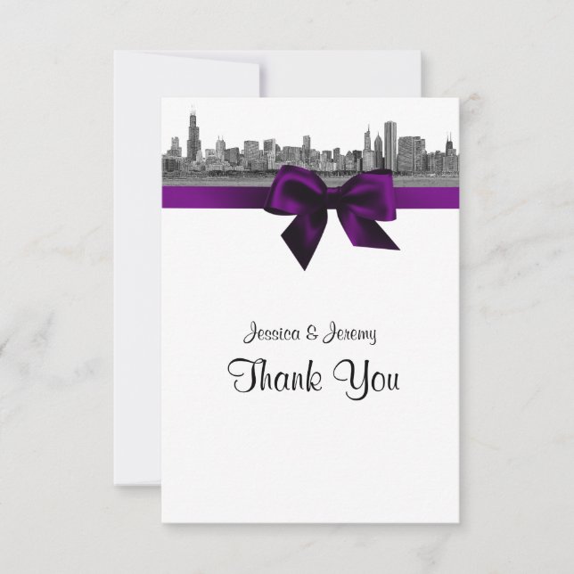 Chicago Skyline Etched BW Purple Thank You Card (Front)