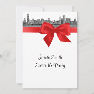 Chicago Skyline Etched BW Red Sweet Sixteen Invitation