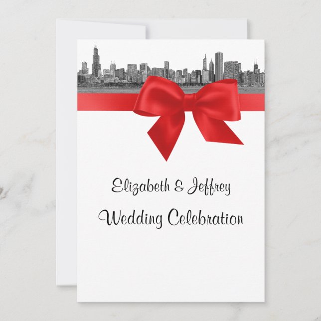 Chicago Skyline Etched BW Red Wedding Invitation (Front)