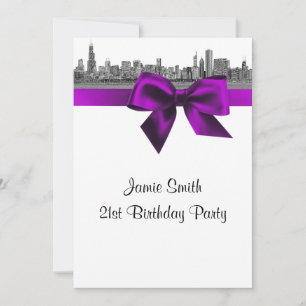 Chicago Skyline Etched BW Violet Birthday Party Invitation