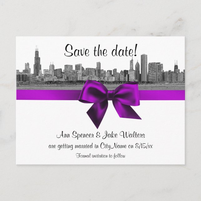 Chicago Skyline Etched BW Violet Save the Date Announcement Postcard (Front)
