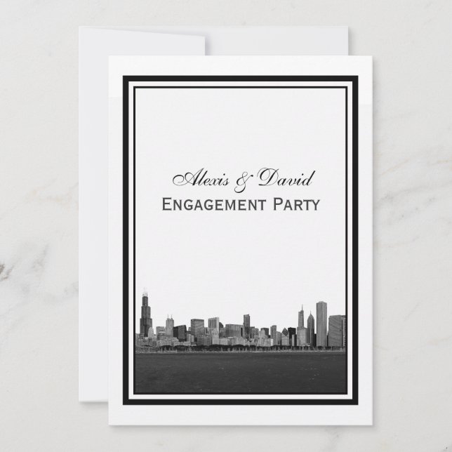 Chicago Skyline Etched Framed V Engagement Invitation (Front)