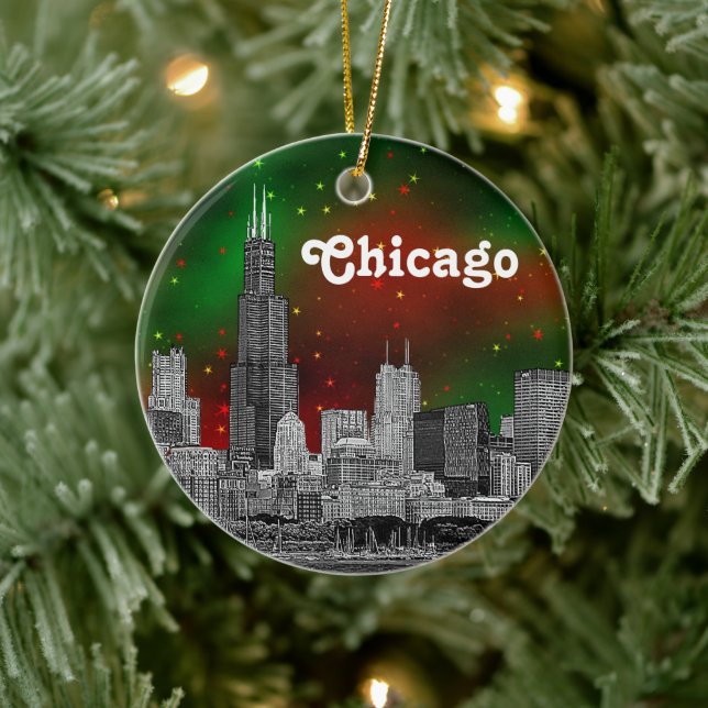 Chicago Skyline Etched, Green Red Starry Sky Xmas Ceramic Ornament (Tree)