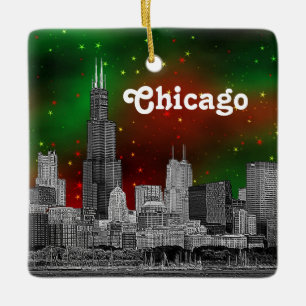 Chicago Skyline Etched, Green Red Starry Sky Xmas Ceramic Ornament