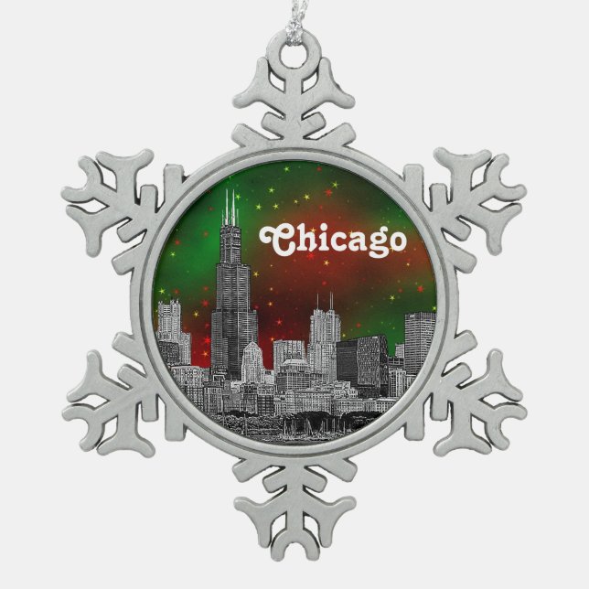 Chicago Skyline Etched, Green Red Starry Sky Xmas Snowflake Pewter Christmas Ornament (Front)