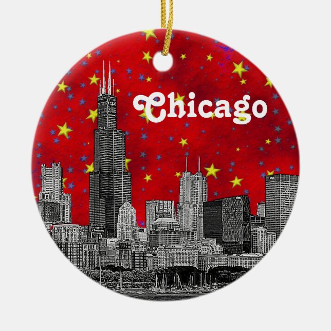 Chicago Skyline Etched, Red Starry Sky Ceramic Ornament (Front)