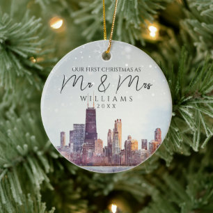 Chicago Skyline First Christmas As Mr & Mrs Photo Ceramic Ornament