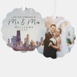 Chicago Skyline First Christmas As Mr & Mrs Photo Ornament Card