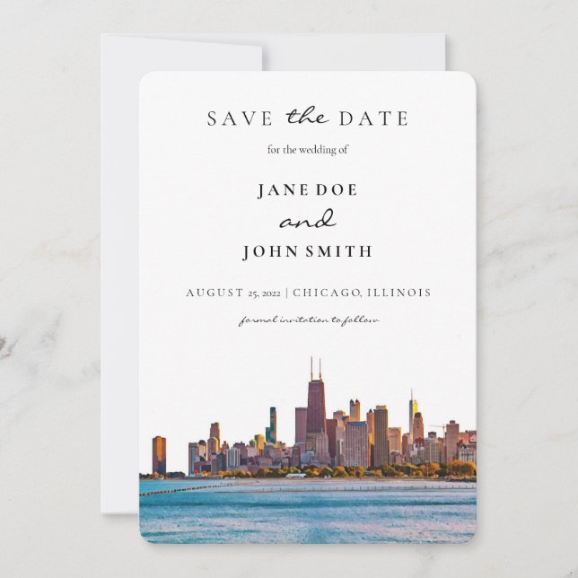 Chicago Skyline flat Save The Date Card (Front)