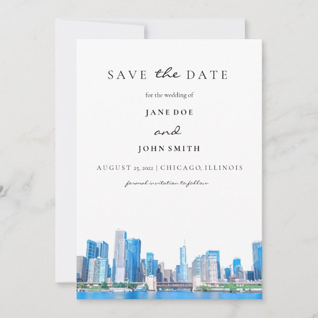 Chicago Skyline flat Save The Date Card (Front)