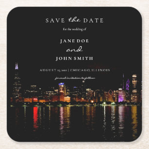 Chicago Skyline flat Save The Date Card Square Paper Coaster