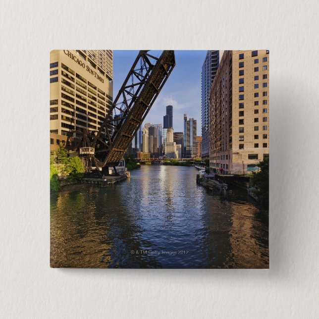 Chicago Skyline from the Kinzie St Bridge 2 Inch Square Button (Front)