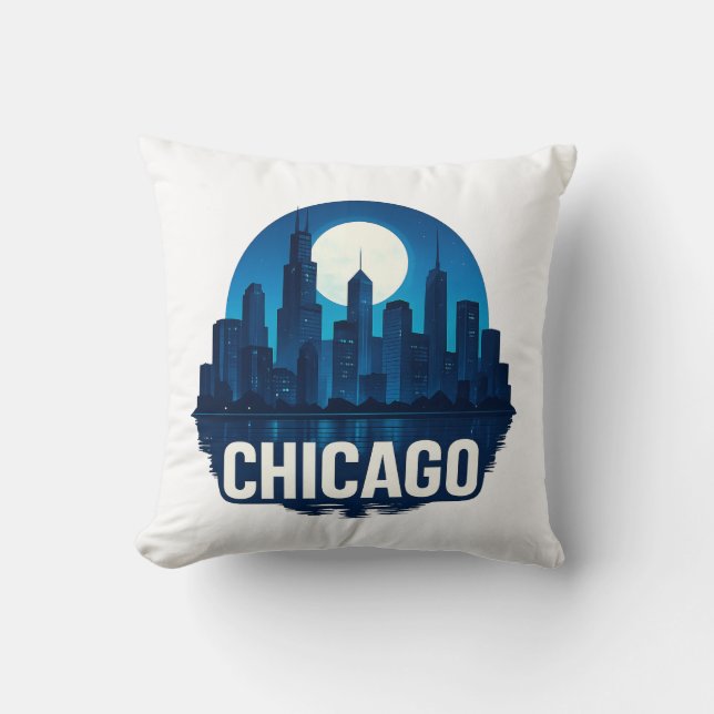 Chicago Skyline Full Moon Cityscape Design Throw Pillow (Front)