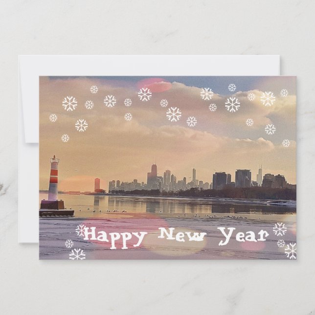 Chicago skyline Happy New Year postcard (Front)