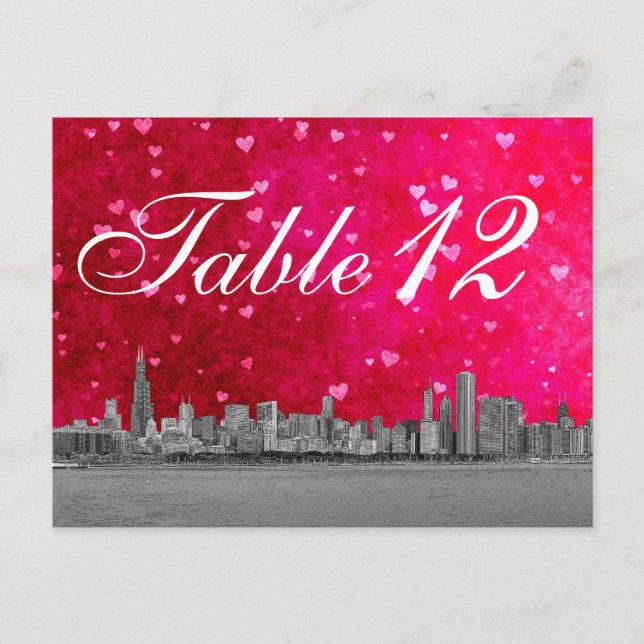Chicago Skyline Hot Rose Red Heart Numéro de table (Devant)