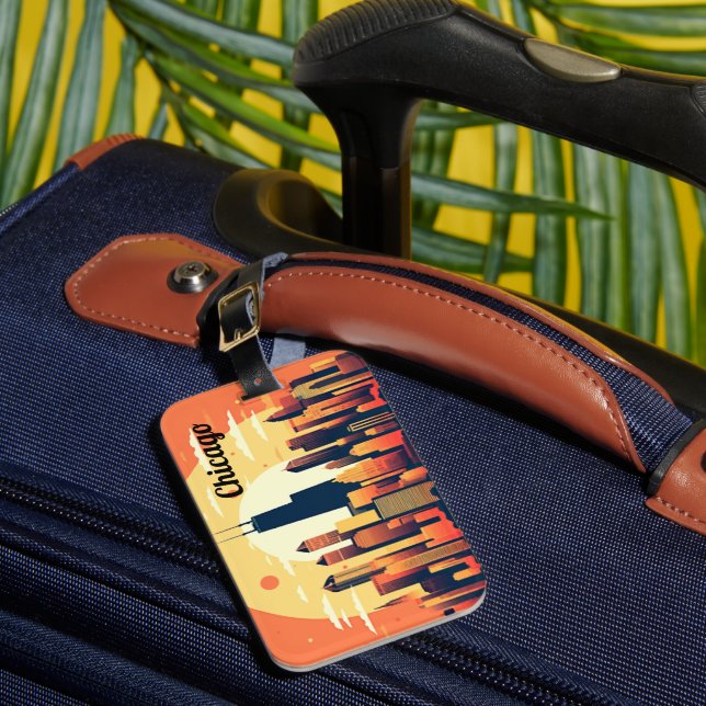 Chicago Skyline Illustration in Orange Luggage Tag (Front Insitu 1)