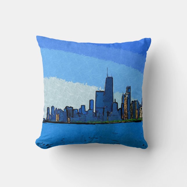 Chicago Skyline in Collage Paint Throw Pillow (Front)