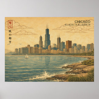 Chicago Skyline in Japanese Ukiyo-e Poster