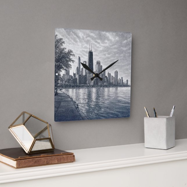 Chicago Skyline in Pointillist Art Square Wall Clock (Office)