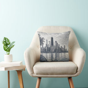 Chicago Skyline in Pointillist Art Throw Pillow