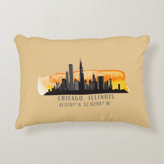 Chicago Skyline Latitude & Longitude Accent Pillow (Front)