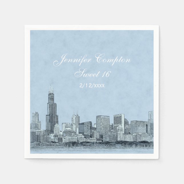 Chicago Skyline Light Blue BG Sweet 16 Napkin (Front)