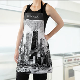 Chicago Skyline Modern Black White Apron