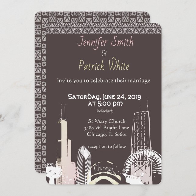 Chicago Skyline Navy blue lace elegant Invitation (Front/Back)