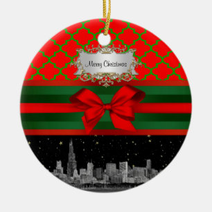 Chicago Skyline, Red Green Quatrefoil Xmas Ceramic Ornament