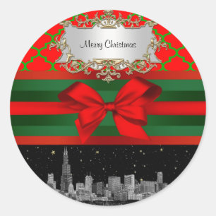 Chicago Skyline, Red Green Quatrefoil Xmas Classic Round Sticker