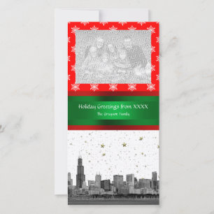 Chicago Skyline Red Snowflake Christmas Holiday Card